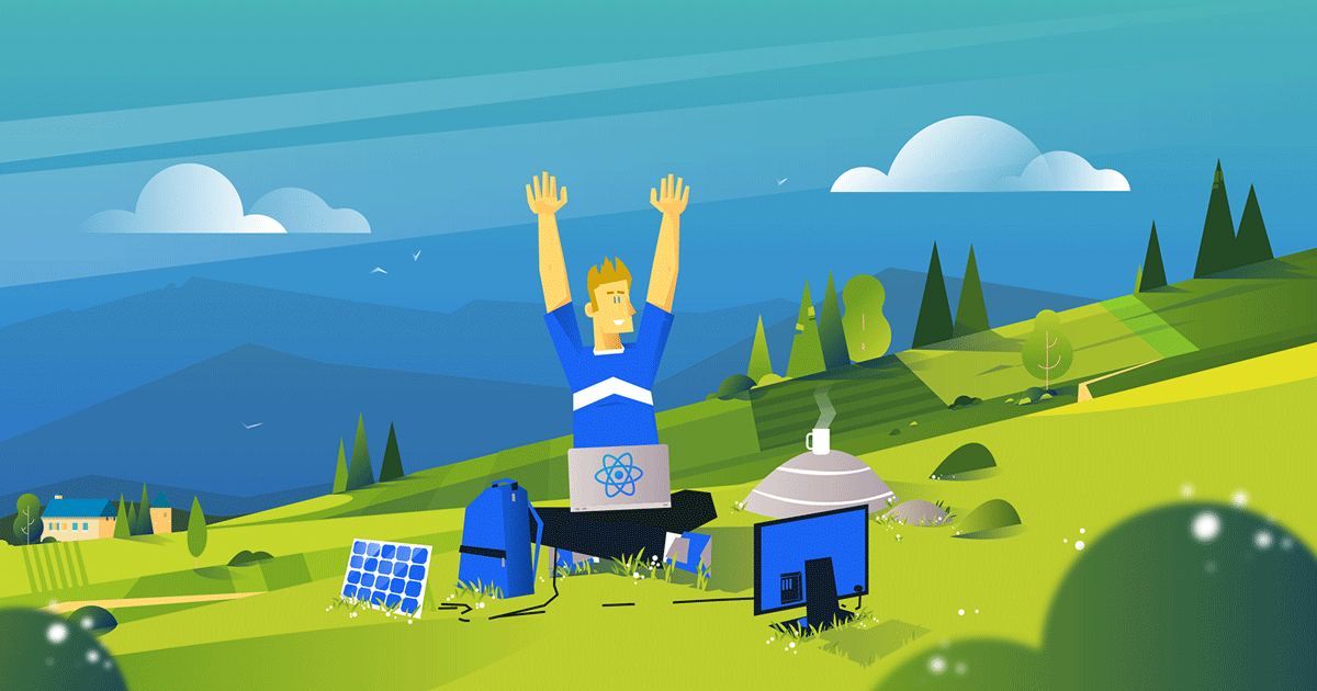 Un freelance heureux, travaillant au bord d'une montagne verdoyante. Illustration [Mickaël Merley](https://mickaelmerley.com/)