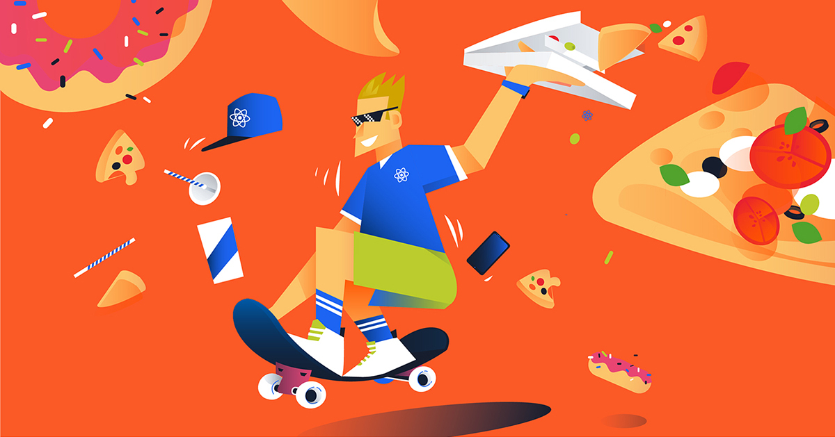 Un dev react livrant des pizzas (non-controllées) en skate. Illustration [Mickaël Merley](https://mickaelmerley.com/)